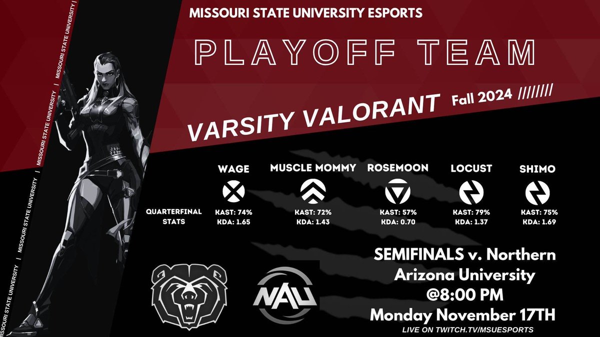 🚨 Semifinals Loading 🚨 Catch your Valorant Varsity Bears in their NECC semifinals game tonight at 8pm! Support from the Level 1 Game Center or on our Twitch!