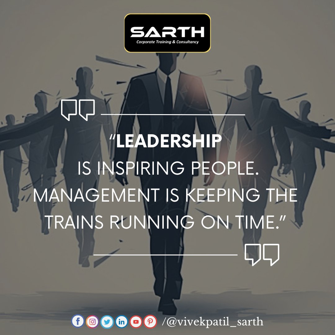SarthConsultan1's tweet photo. Leadership is inspiring people. Management is keeping the trains running on time.
#motivateyourself #MotivatedMindset #motivation #inspirationdaily #inspirationalquotes #inspire #quoteoftheday #quotesdaily #quotesforyou #quotesoftheday #nashikcity https://t.co/P3sGdin41T