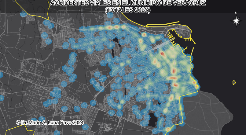 En días recientes el incremento de accidentes viales en el Mpio. de Veracruz ha sido muy sonado en los medios de comunicación, así que me tome la libertad de realizar un pequeño análisis geoeospacial de los accidentes viales en al año de 2023 (totales sin desegregar) habro 🧵