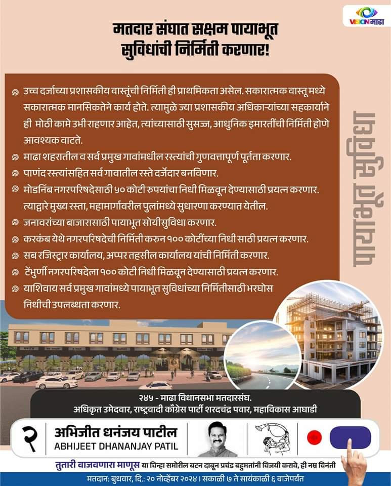 patil_abhijeet1's tweet photo. #Vision_माढा | मतदार संघात सुसज्ज शासकीय वास्तु, गुणवत्ता पूर्ण रस्ते, पाणंद रस्ते, जनावरांच्या बाजारासाठी पा��ाभूत सुविधा अशा सर्व मूलभूत सुविधांची निर्मिती करणार 'हा माझा शब्द आहे'!

#माढा #विधानसभा #Madha #Vidhansabha #Vision #Road_Map https://t.co/lIIIgPBZbJ