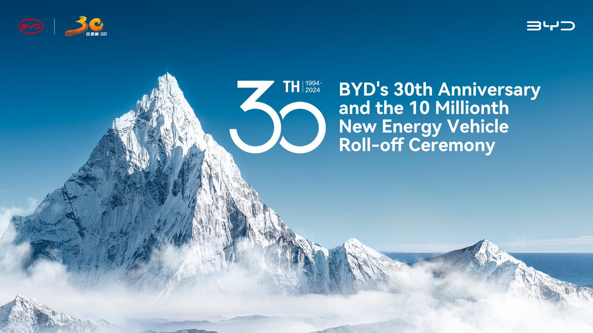 BYDGlobal's tweet image. BYD celebrated the 30th anniversary with the roll-off of its 10-millionth NEV, a significant milestone in sustainable automotive innovation.

Mr. Wang Chuanfu, BYD&apos;s Chairman and President, highlighted BYD&apos;s remarkable transformation and commitment to technological innovation,…