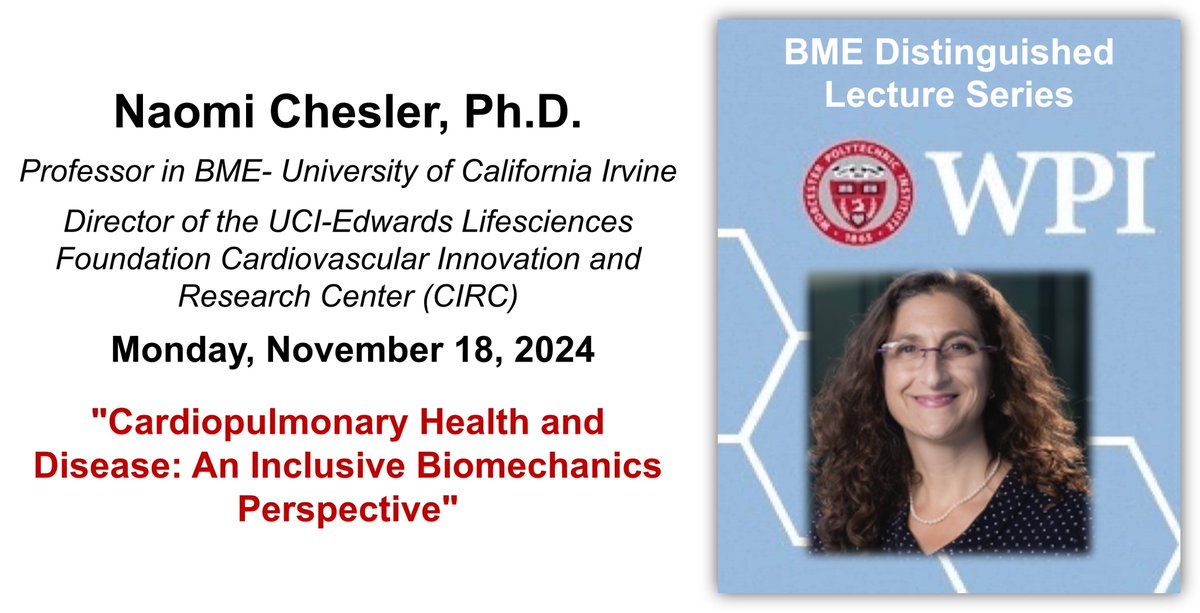 WPI Biomedical Engineering Department (@wpi_bme) on Twitter photo Today’s Distinguished Lecturer is Dr. Naomi Chesler <a href="/uci_bme/">UC Irvine BME</a> and <a href="/EdwardsCIRC_UCI/">Edwards Lifesciences Cardiovascular Center</a>. She will discuss innovative approaches to understanding pulmonary circulation and right ventricular health through biomechanics and multiscale modeling while considering sex and race as variables. Today’s Distinguished Lecturer is Dr. Naomi Chesler <a href="/uci_bme/">UC Irvine BME</a> and <a href="/EdwardsCIRC_UCI/">Edwards Lifesciences Cardiovascular Center</a>. She will discuss innovative approaches to understanding pulmonary circulation and right ventricular health through biomechanics and multiscale modeling while considering sex and race as variables.