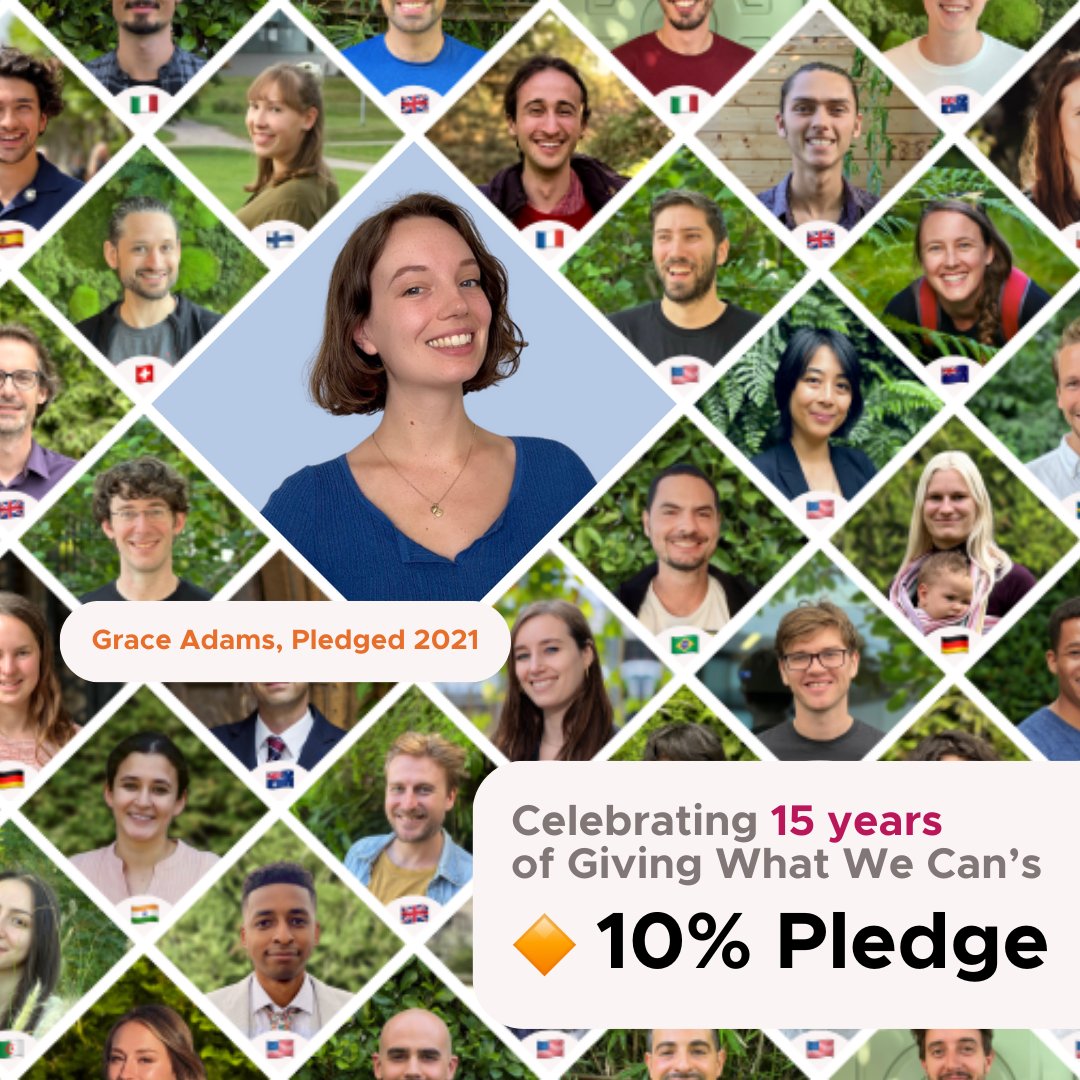 Grace Adams ๐ธ (@gracevadams) on Twitter photo My 10% Pledge with <a href="/givingwhatwecan/">Giving What We Can ๐ธ</a> is one of the things I'm proudest of in my life.
Since 2021, I've donated over $30k - most of which has gone to help improve the lives of people in low incomes countries. My 10% Pledge with <a href="/givingwhatwecan/">Giving What We Can ๐ธ</a> is one of the things I'm proudest of in my life.
Since 2021, I've donated over $30k - most of which has gone to help improve the lives of people in low incomes countries.