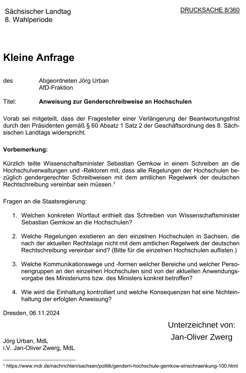 Sachsens Wissenschaftsminister Sheriff #Gemkow wandte sich kürzlich in einem Brief an die Hochschulen. Darin wurde der Gebrauch geschlechtergerechter Sprache eingeschränkt. Die AfD-Fraktion im #saxlt ist entzückt, will dazu mehr wissen &amp; auch Konsequenzen.
mdr.de/nachrichten/sa…