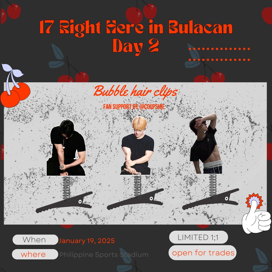 coupschie's tweet image. 🍒SEVENTEEN RIGHT HERE IN BULACAN FAN SUPPORT BY @coupschie

୨ৎBUBBLE HAIR CLIP ୨ৎ 
🗓️ Jan 19
📍TBA
🍒Like, RT, and Follow (optional) 
🍒limited quantity! (1:1)
🍒open for trades

#세븐틴 #SEVENTEEN #SEVENTEEN_RIGHT_HERE_IN_BULACAN #CARAT