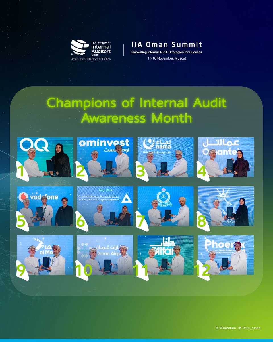 iiaoman's tweet photo. The Awareness Month Champions were honored for exceeding expectations in raising awareness and enhancing the effectiveness of internal auditing as part of Internal Audit Awareness Month.   #IIAOmanSummit24 https://t.co/1oE2Vq7w9j