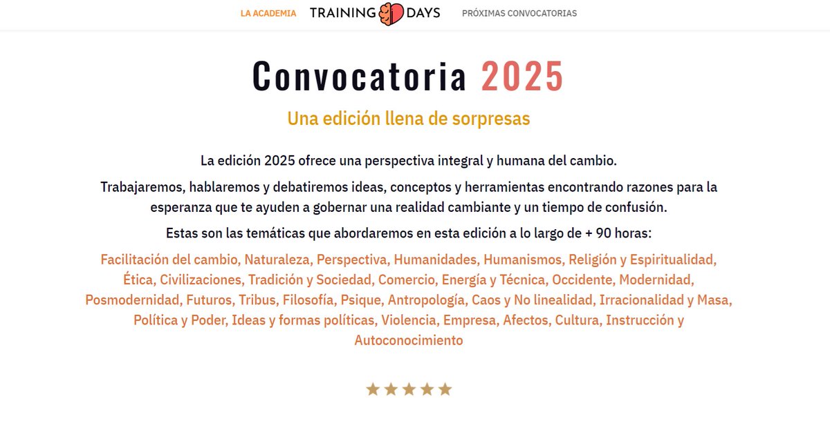 🏛️TRAINING DAYS 2025 🫀

Hoy se abre la matrícula para la edición 2025 de esta academia que cumple una década.

Este año el programa y los módulos independientes son una bendita y accesible locura para quienes quieren cambiar las cosas:

trainingdays.academy

Abro hilo 🧵
