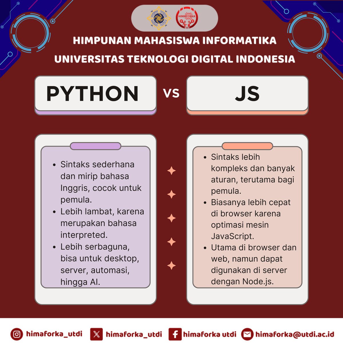 himaforka_utdi's tweet image. Salam Informatika!
🐍 Python vs ☕️ JavaScript
Jadi, kamu pilih Python yang simpel atau JavaScript yang power di web? Drop pilihanmu di kolom komentar! ⬇️
#SalamInformatika #PythonVSJavaScript #CodingBattle #ProgrammerLife #himaforka #utdi