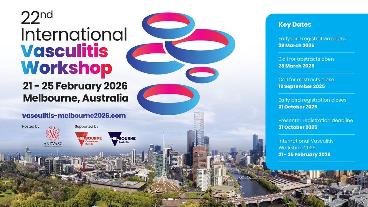ANZ Vasculitis Society, '26 Vasculitis Wkshop host (@anzvasc) on Twitter photo Thanks VCRC for promoting the 2026 Int #Vasculitis Workshop at the excellent VCRC Investigator's Meeting <a href="/ACRheum/">American College of Rheumatology</a> 👏👏
Meanwhile - registration opens March 2025
Register your interest vasculitis-melbourne2026.com
More details on the website soon
See you in Melbourne Feb 21-25 2026! Thanks VCRC for promoting the 2026 Int #Vasculitis Workshop at the excellent VCRC Investigator's Meeting <a href="/ACRheum/">American College of Rheumatology</a> 👏👏
Meanwhile - registration opens March 2025
Register your interest vasculitis-melbourne2026.com
More details on the website soon
See you in Melbourne Feb 21-25 2026!