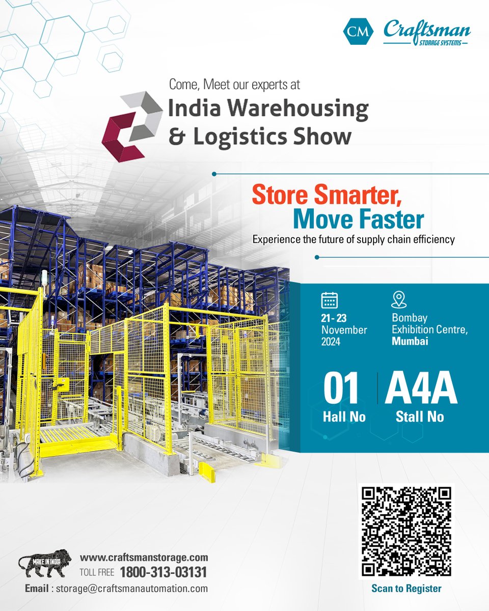 Craftsmanindia1's tweet image. Here we come! Meet us at India Warehousing and Logistics Show from 21st to 23rd November in Mumbai! Visit us to discover how our cutting-edge technology can optimize your warehouse operations and boost efficiency!

forms.rxindiaservices.com/iwls-visreg

#IWLS2024 #CraftsmanStorageSystem