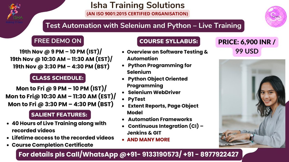 IshaKumargupta's tweet image. "Test Automation with Selenium and Python”– Live Training
Free Demo On 19th Nov
Registration,you can register by joining the below Link
docs.google.com/forms/d/e/1FAI…
#TestAutomation #SeleniumAutomation #PythonSelenium #AutomatedTesting #SeleniumWebDriver #PythonAutomation