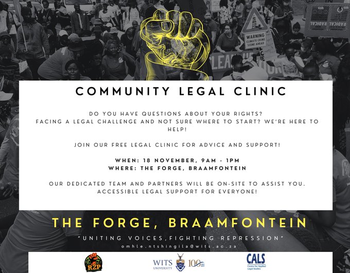 SERI_RightsSA's tweet image. [ADVOCACY] Today, SERI will be at the Community Legal Clinic organised by @ProtestZa for #AntiRepressionWeek. 
📍Where: @theforgejhb 
⏲️ When: 09:00 - 13:00
Pop in for any legal advice concerning your right to protest or for resources and more information about our work.