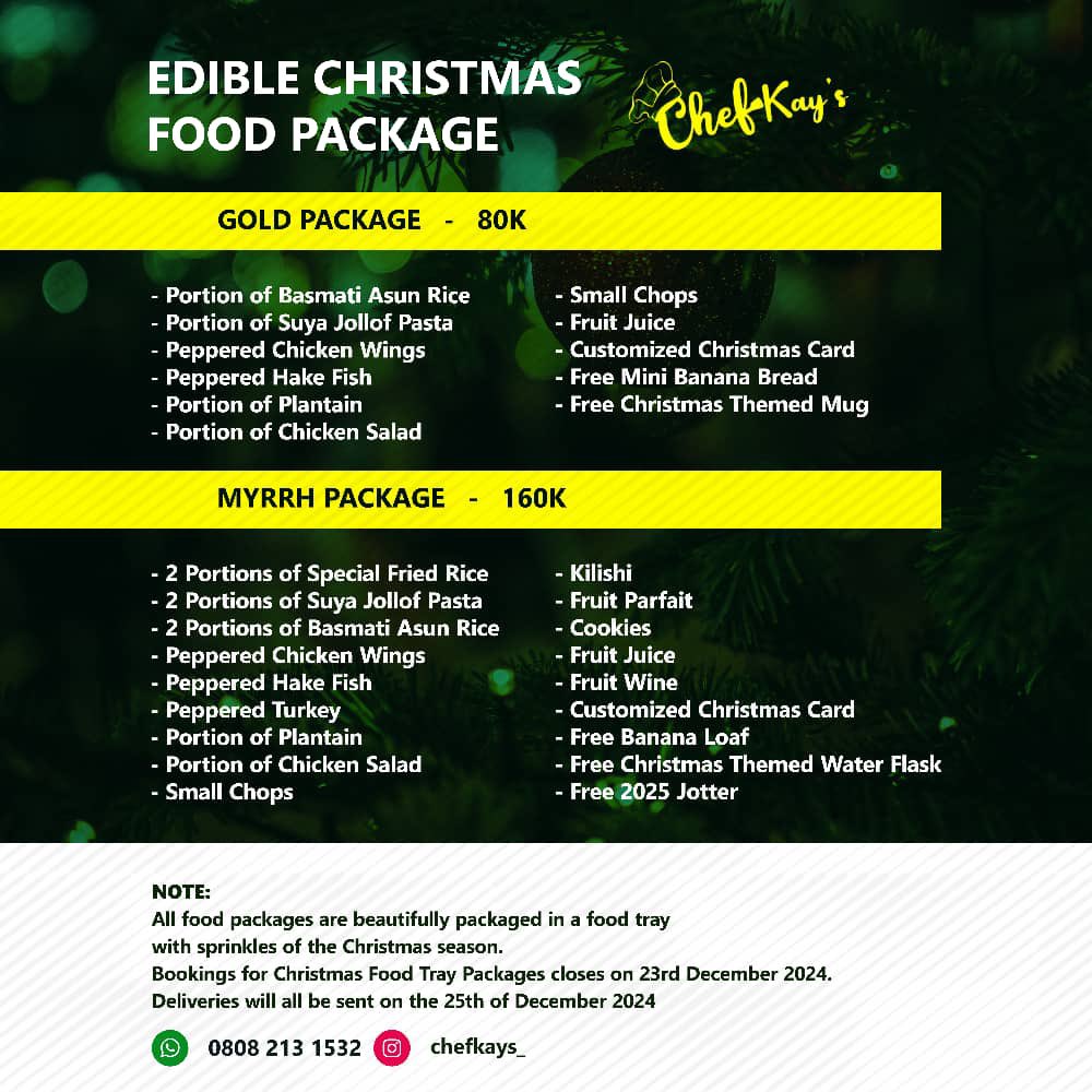 chefkayz's tweet photo. Our Christmas Packages are here.
Slide 1 - Edible Christmas Package(Food Trays)
Slide 2 - Christmas Hampers
Send a dm/WhatsApp 08082131532 to place an order.
Kindly RT, my customers might just be on your feed😍
Thank You 🙏🏽 https://t.co/6a84ZhE5KM