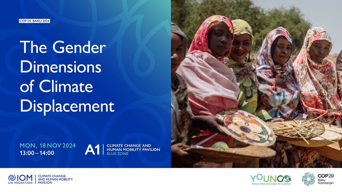 The YOUNGO Climate Migration Working Group, in partnership with the International Organization for Migration (IOM), is hosting a side event today, Monday, November 18, on "Gender Dimensions of Climate Mobility."
We invite you to join us at 1:00 PM at the IOM Pavilion.
#COP29