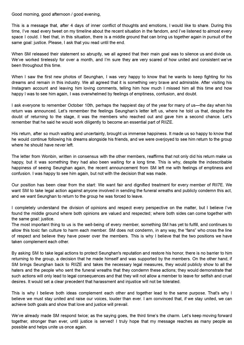znuwie's tweet photo. RT🙏 / (ENG/ESP/JPN/KR)

This is a message that, after 4 days of internal conflict with ideas and emotions, I would like to share. During this time, I’ve read every tweet on my timeline about the recent situation in the fandom and listened to almost every space I could; and I feel that in this situation, there is indeed a middle ground that can unite us once again, all in pursuit of the same goal: justice.

Please, I ask you to read until the end.

Thank you.

(The translations in Korean and Japanese were generated with AI)
#JUSTICEFORRII7E