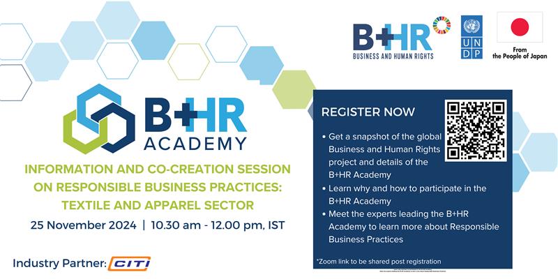 📢 B+HR Academy

As part of its #BizHumanRights project, <a href="/UNDP_India/">UNDP India</a> &amp; <a href="/CITIindia_com/">CITIINDIA.COM</a> are inviting all textiles and apparel sector businesses to an ‘Information and Co-creation session’ on Responsible Business Practices.

🗓️: 25 Nov
⏰: 10:30 AM IST
RSVP: bit.ly/3USxHG7