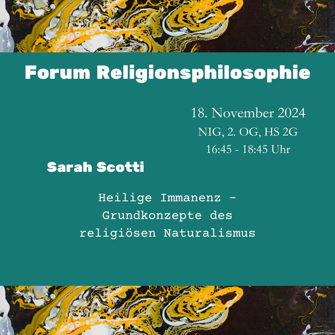 📣 Heute findet der nächste Vortrag des Forums Religionsphilosophie statt!

❇ Diesmal mit Sarah Scotti und dem Thema "Heilige Immanenz – Grundkonzepte des religiösen Naturalismus".

👁️‍🗨️ Wie gehabt, heute um 16.45 Uhr im HS 2G im NIG.