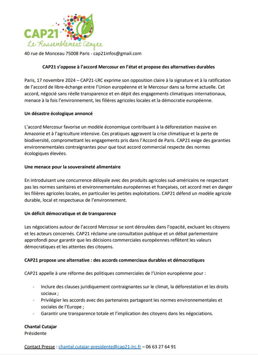 Cap 21 - Le Rassemblement Citoyen (@cap21_lrc) on Twitter photo Cap21 s'oppose à l'accord Mercosur, menace pour notre souveraineté alimentaire et danger pour nos filières agricoles.
Nous appelons à une réforme des politiques commerciales de l'UE.
#Mercosur #StopUEMercosur
<a href="/AmandineRapenne/">Amandine Rapenne</a> <a href="/CHANTALCUTAJAR/">CHANTAL CUTAJAR</a> <a href="/corinnelepage/">Corinne Lepage</a>
🔽 Cap21 s'oppose à l'accord Mercosur, menace pour notre souveraineté alimentaire et danger pour nos filières agricoles.
Nous appelons à une réforme des politiques commerciales de l'UE.
#Mercosur #StopUEMercosur
<a href="/AmandineRapenne/">Amandine Rapenne</a> <a href="/CHANTALCUTAJAR/">CHANTAL CUTAJAR</a> <a href="/corinnelepage/">Corinne Lepage</a>
🔽