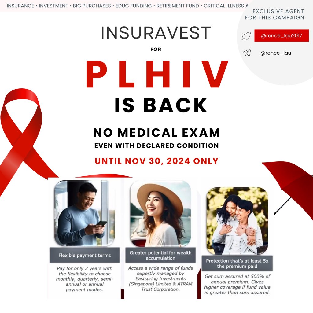 ‼️GOODNEWS ITS BACK‼️

Last year, 31 sibs w/out medical exams (declared as pos) APPROVED. 

Open to OTHER PRE-EXISTING CONDITION (connect me w/ ur loved ones)  🏥

If you know someone na want retirement at the same time peace of mind with insurance!

DM me sa TG: rence_lau 💌✨