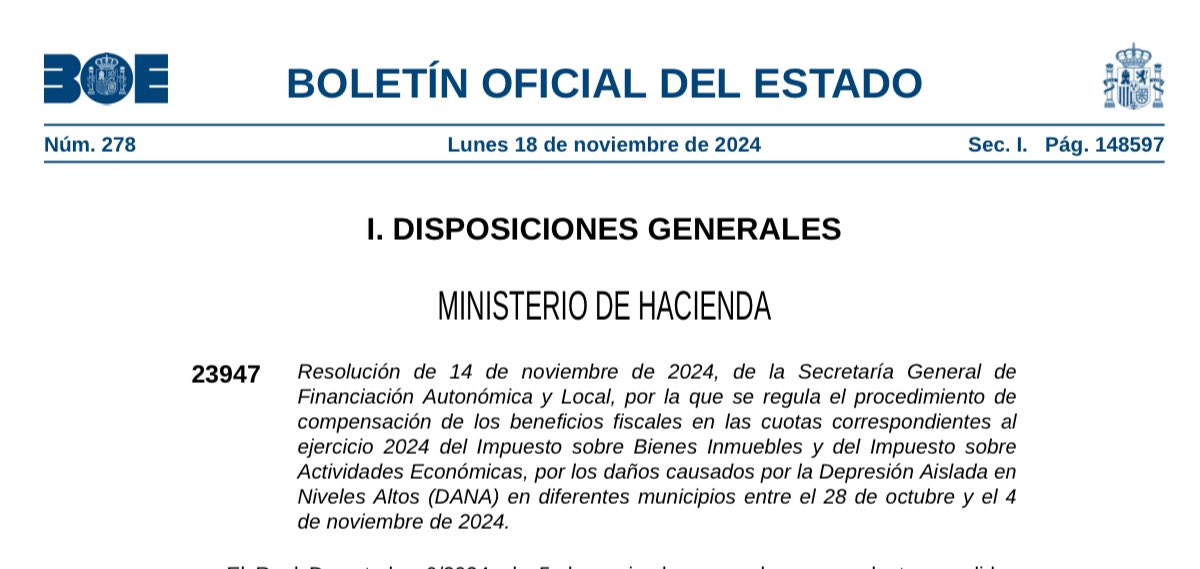 beatrizmorenose's tweet image. Procedimiento de compensación de los beneficios fiscales en las cuotas correspondientes al
ejercicio 2024 del #IBI y del #IAE, por los daños causados por la #DANA.
#FHCN #EELL #Tributos 
boe.es/boe/dias/2024/…