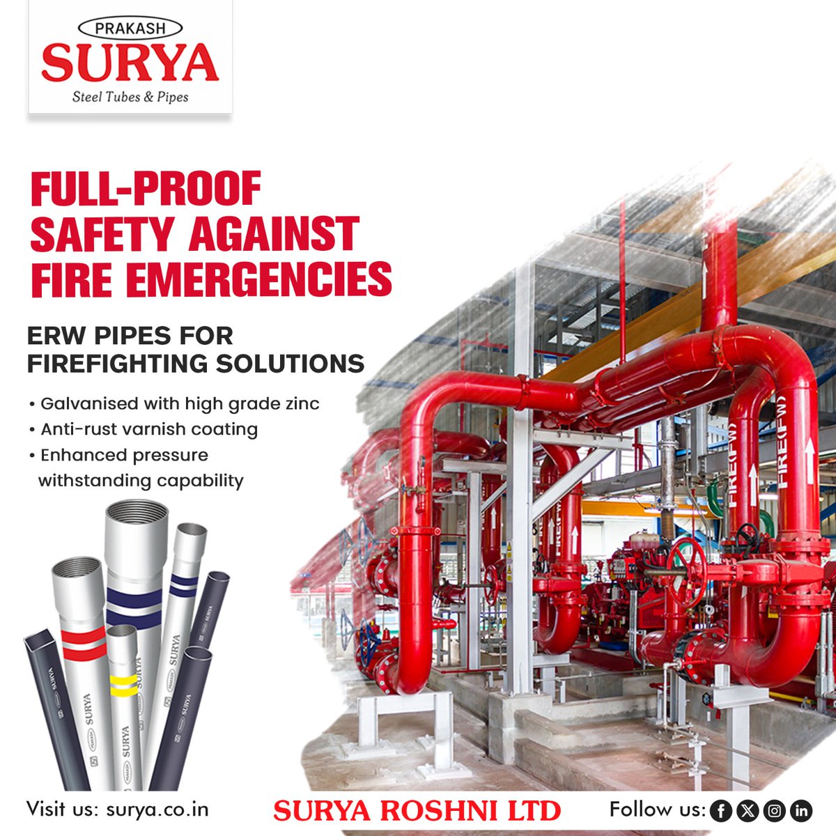 SuryaPipes's tweet photo. Prevention is the best protection. With Surya Steel ERW pipes, your firefighting solutions are built to stop emergencies in their tracks. Trust in quality, trust in Surya. 

#suryasteel #steelpipes #erepipes #firefightingsolutions https://t.co/jXc8w1lgDD