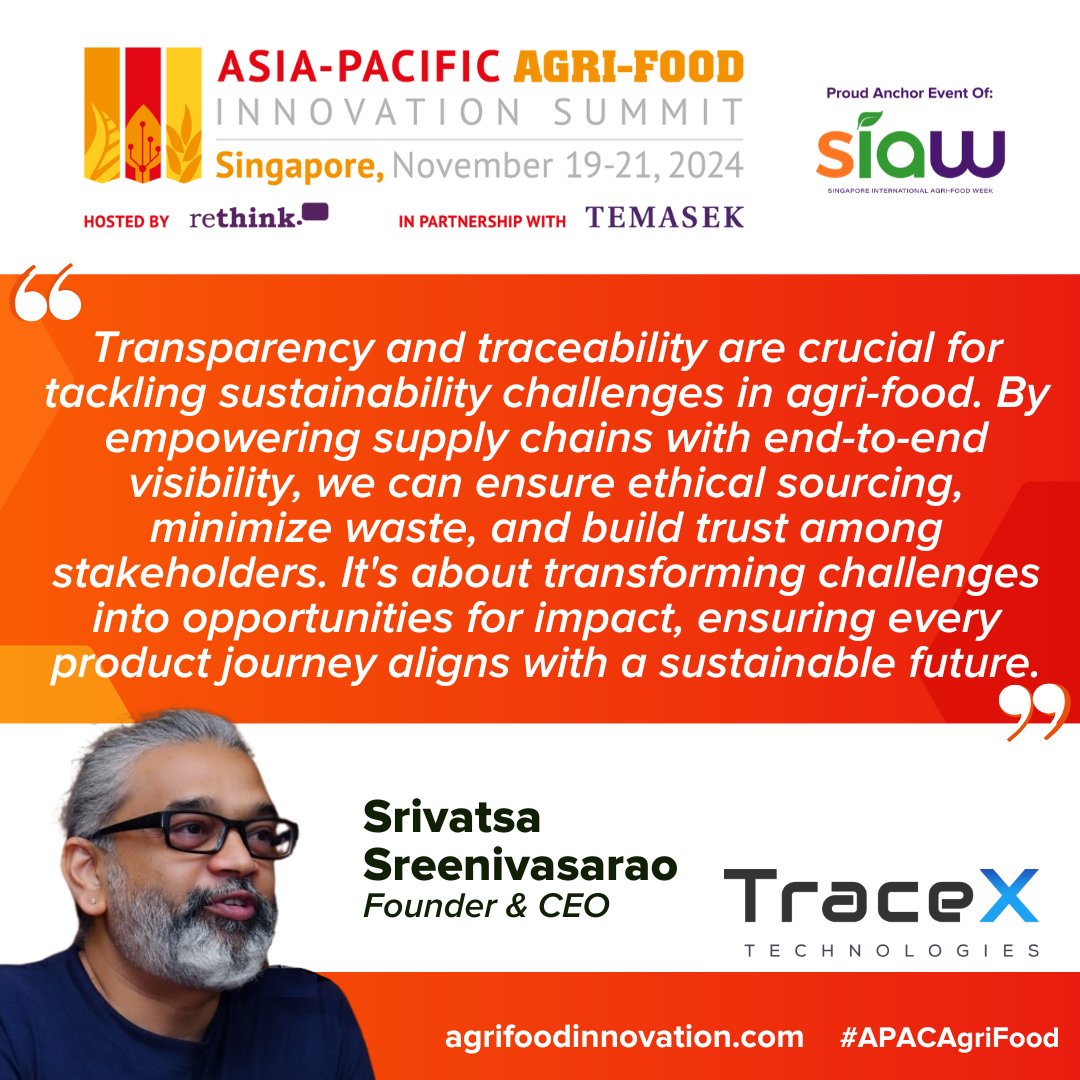 tracex_tech's tweet photo. Excited to join the @APACAgriFood in Singapore, Nov 19-21! We're driving innovation in the #agrifood value chain with #blockchaintraceability for #climateresilience & nutrition.
Connect & collaborate with us!
#WorldAgriSummit #Traceability https://t.co/SgUrt1c9LY