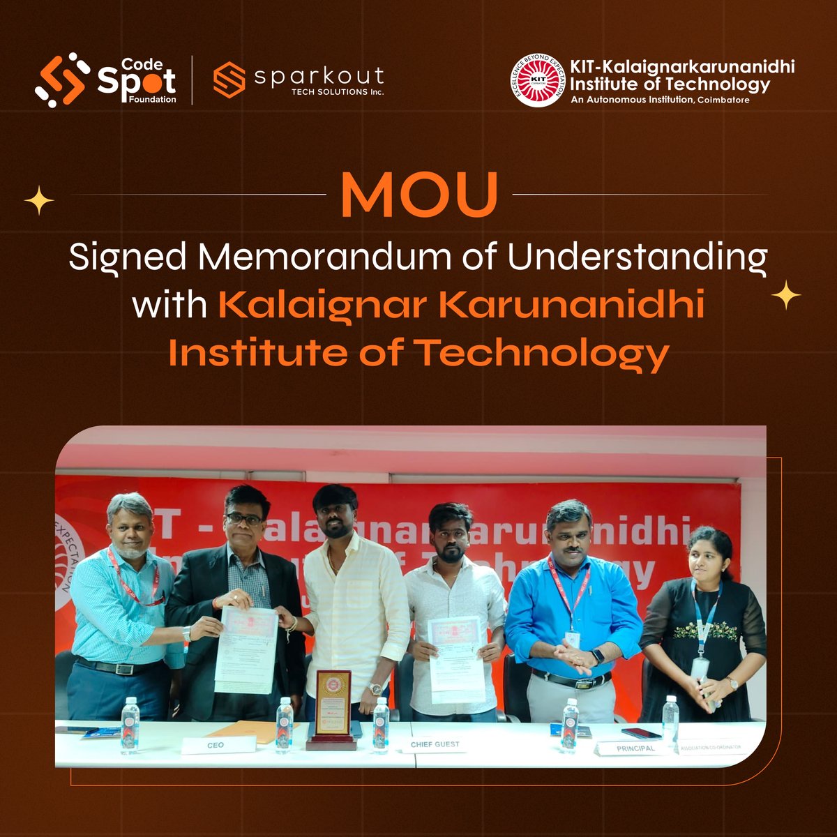 codespotorg's tweet image. We are excited to announce that Sparkout Tech Solutions Inc.(@sparkout_tech) has signed an MoU with Kalaignar Karunanidhi Institute of Technology (@kit_cbe)

#sparkout #KIT #mou #memorandumofunderstanding #codespotacademy #webinar #softwarecompany