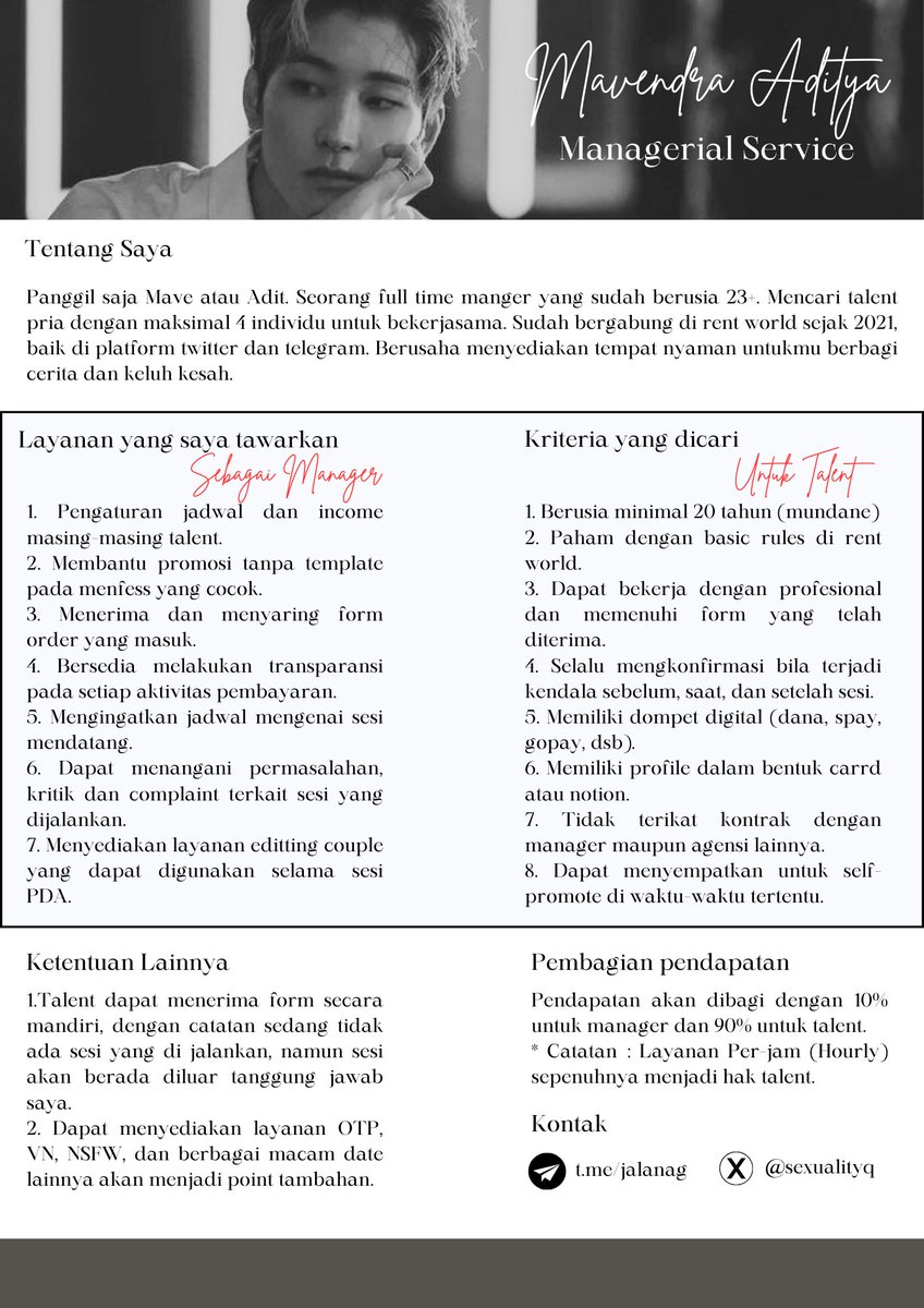 [RT is much appreciated]
Halo teman timun 🫧
Aku sedang dalam misi pencarian satu anak lanang untuk diajak bekerjasama di bawah naungan managementku. Kalau ada teman atau mutual, atau diri kalian sendiri yang membutuhkan Manager, bisa banget diskusi sama aku ya 🩷🎀