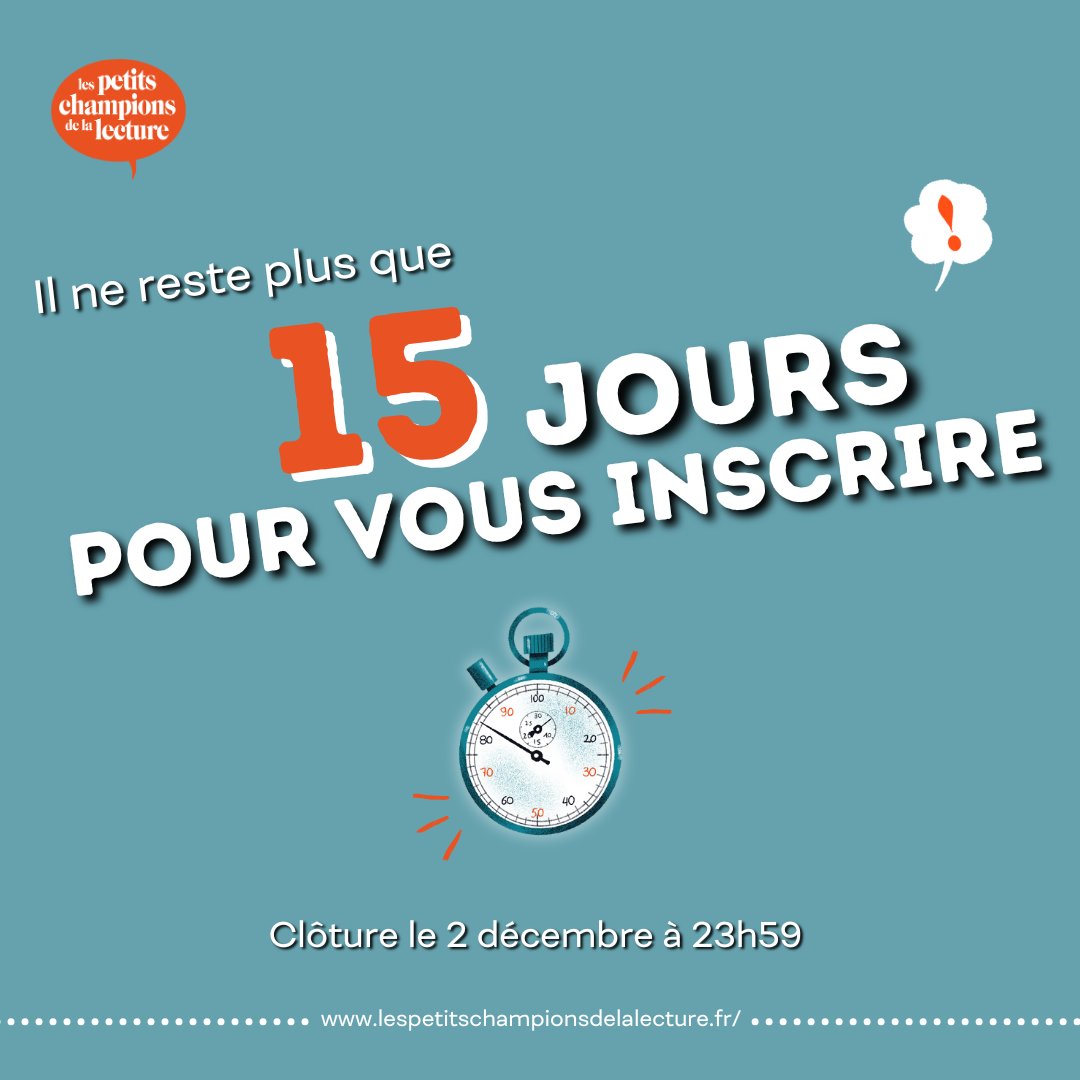 Bonjour à toutes et à tous👋

Le compte à rebours final est lancé : plus que 15 jours pour vous inscrire à la 13e édition ! ⏳

📌 Toutes les informations sont disponibles ici 👉 lespetitschampionsdelalecture.fr/le-jeu/comment…

Rejoignez l’aventure ! 🚀
#lire #livre #lecture #avoixhaute #lecturejeunesse