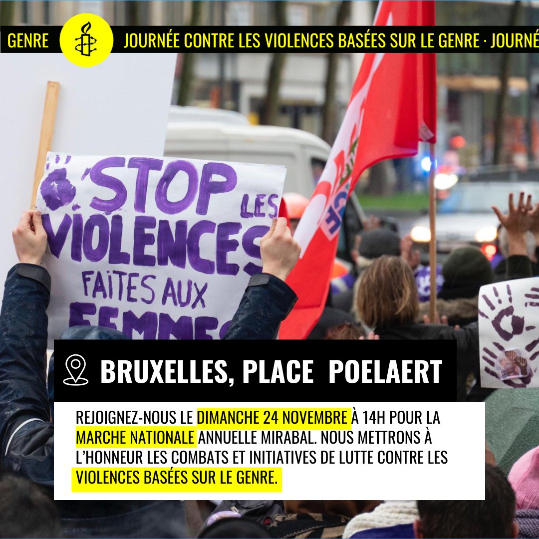 amnestybe's tweet image. Ce dimanche 24 novembre, venez défiler avec nous pour la marche #Mirabal et mettre en avant toutes les initiatives contre les violences basées sur le genre 🙌

Retrouvez les détails et l'origine de cette importante marche sur amnesty.be/mirabal

#25Novembre