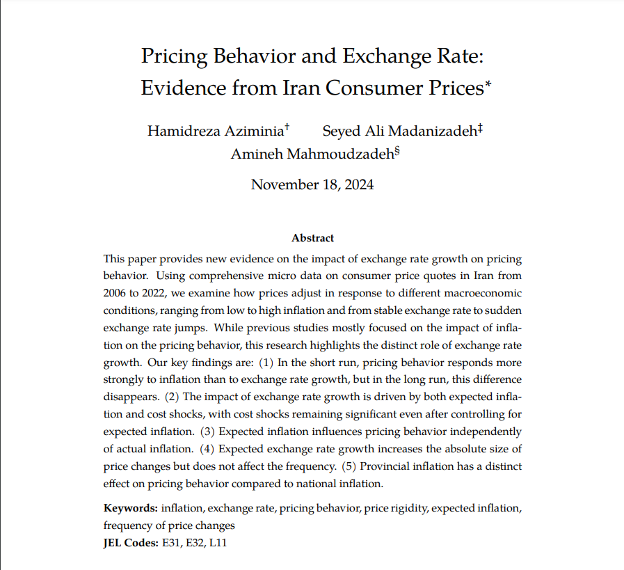 Aziminia_en's tweet image. 📝New working paper:
Pricing Behavior and Exchange Rate: Evidence from Iran Consumer Prices