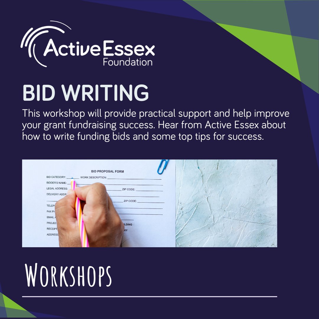 In December and March next year, we have an exciting workshop opportunity in Bid Writing!

Providing practical support and help to improve grant fundraising success. Hear from Active Essex for top tips for success !

Register here : activeessexfoundation.org/workshops/bid-…