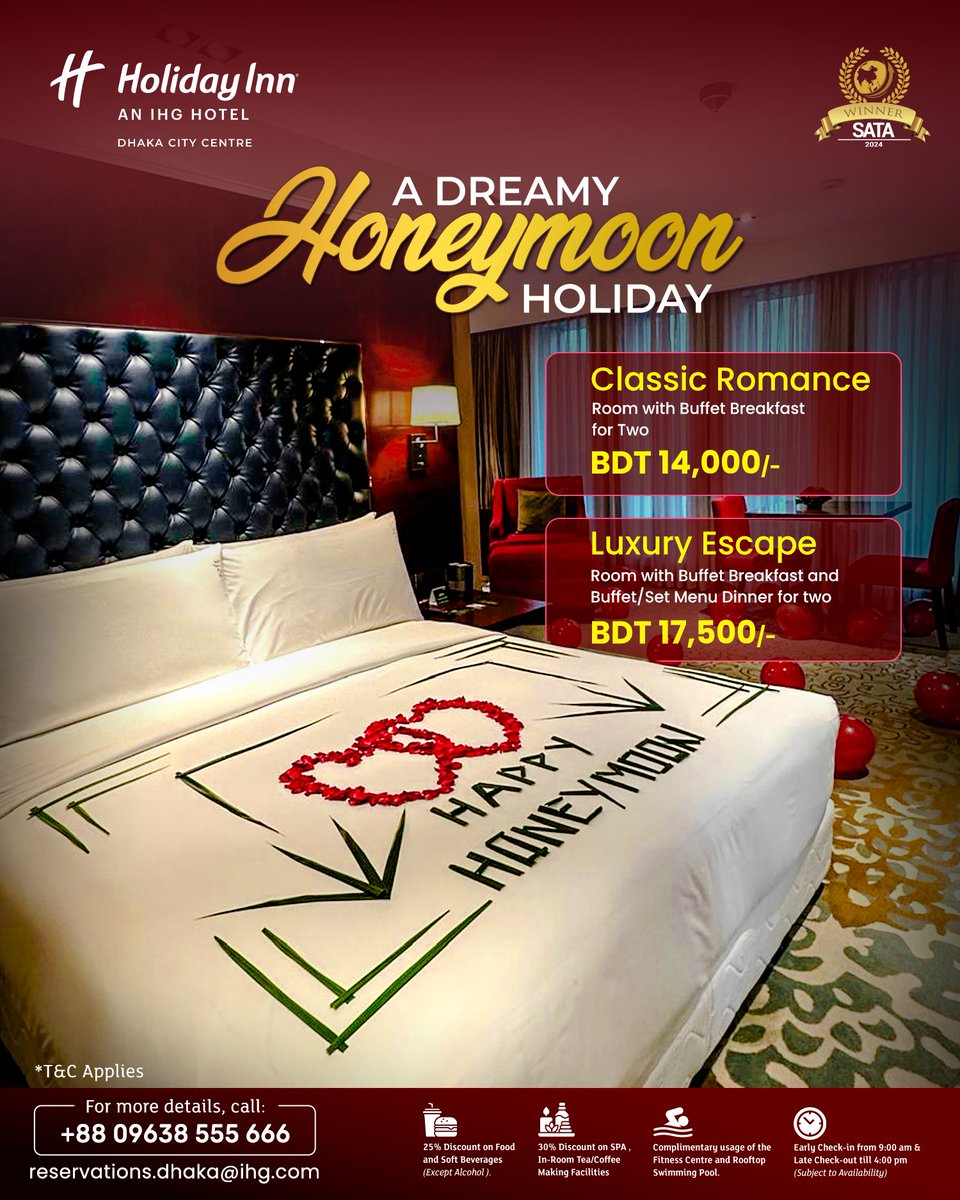 HolidayInnDhaka's tweet photo. Escape to romance at Holiday Inn Dhaka City Centre!
#HoneymoonSuite #Honeymoon #HoneymoonHoliday #HolidayInnDhakaCityCentre #HolidayInn #EscapeToRomance #IHG #IHGHotels https://t.co/4gk8iXAneW