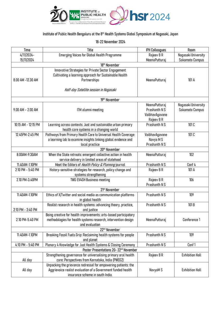 The #HSR2024 begins today!

Meet our IPH associates at these sessions happening at Nagasaki, Japan from 18th to 22nd November, 2024 

<a href="/prashanthns/">daktre/ಡಾಕ್ಟ್ರೇ</a>  <a href="/MPutturaj/">MeenaPutturaj</a> <a href="/BasapathyRajeev/">B R Rajeev</a>  <a href="/AgavaneVaibhav/">Vaibhav Agavane</a> Navya MS