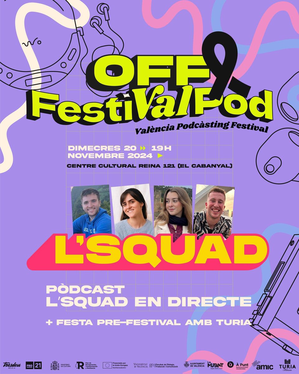 Podcastera Valenciana (@podcasteravlc) on Twitter photo 🎙️Arriba el <a href="/FestiValPod/">FestiValPod</a> i ho fa aquest dimecres amb l’off de <a href="/lsquad_apunt/">L'Squad d'À Punt</a> de <a href="/tresdeumedia/">Tresdeu Media</a> per <a href="/apunt_media/">À Punt</a> al Centre Cultural Reina 121 del Cabanyal amb <a href="/ApitxatTiktok/">Apitxat</a> <a href="/loreen_mu/">Loren</a> <a href="/Alba_castello22/">Alba Castelló</a> i <a href="/Tanialopezse/">Tania Lopez Segrelles</a> dimecres a les 19h amb el suport de <a href="/CervezaTuria/">Cerveza Turia</a>🎧 🎙️Arriba el <a href="/FestiValPod/">FestiValPod</a> i ho fa aquest dimecres amb l’off de <a href="/lsquad_apunt/">L'Squad d'À Punt</a> de <a href="/tresdeumedia/">Tresdeu Media</a> per <a href="/apunt_media/">À Punt</a> al Centre Cultural Reina 121 del Cabanyal amb <a href="/ApitxatTiktok/">Apitxat</a> <a href="/loreen_mu/">Loren</a> <a href="/Alba_castello22/">Alba Castelló</a> i <a href="/Tanialopezse/">Tania Lopez Segrelles</a> dimecres a les 19h amb el suport de <a href="/CervezaTuria/">Cerveza Turia</a>🎧