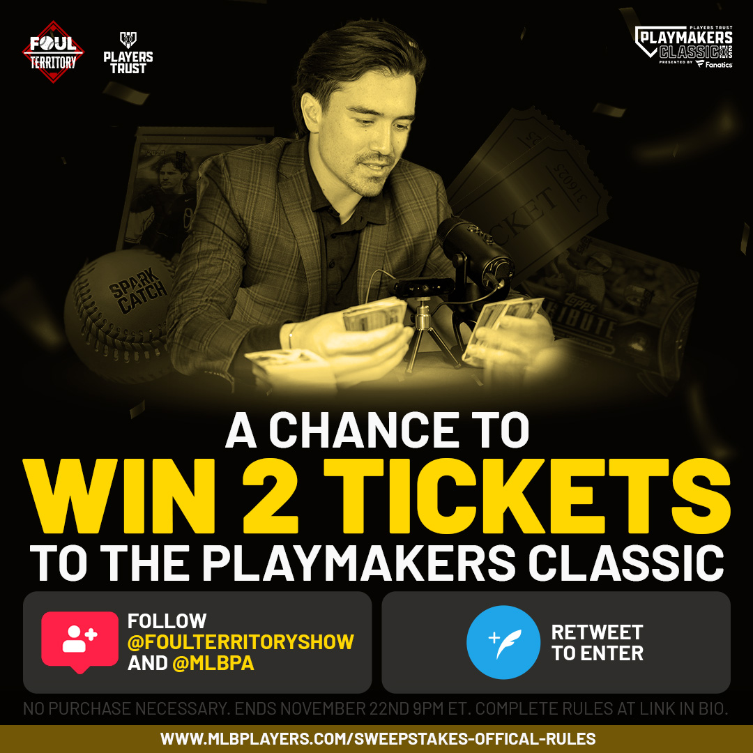 FoulTerritoryTV's tweet photo. Want to attend this year's Players Trust Playmakers Classic? To enter for a chance at winning two tickets, follow these three steps...

⚾️ Follow @FoulTerritoryTV 
⚾️ Follow @MLBPA 
⚾️ Retweet This Post

Good luck! https://t.co/yajqgV9iDM