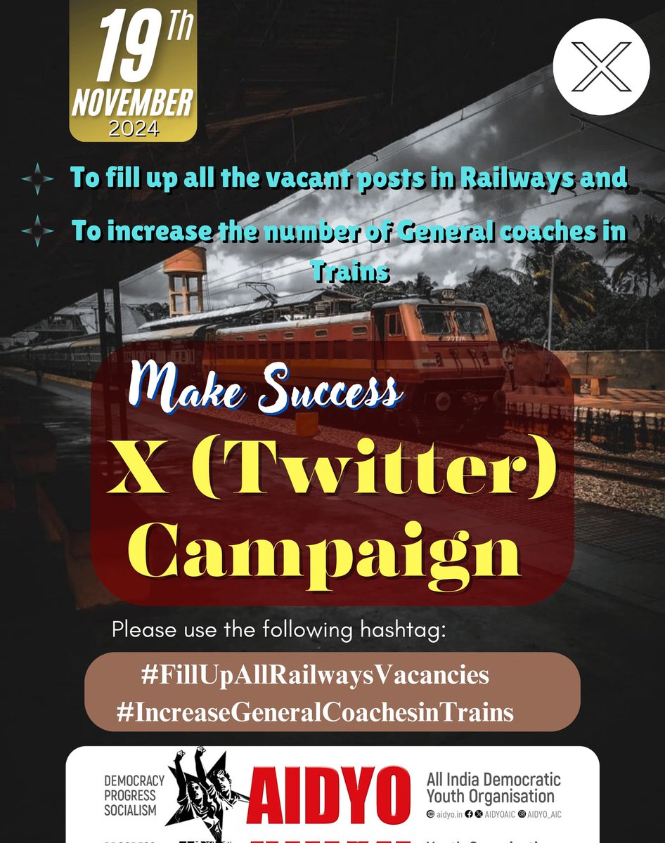 19th November, 2024

To fill up all the vacant posts in Railway and 

To increase the number of General coaches in Trains

Please make success

X (Twitter) Campaign 

Please use the following hashtag:

#FillUpAllRailwaysVacancies #IncreaseGeneralCoachesinTrains