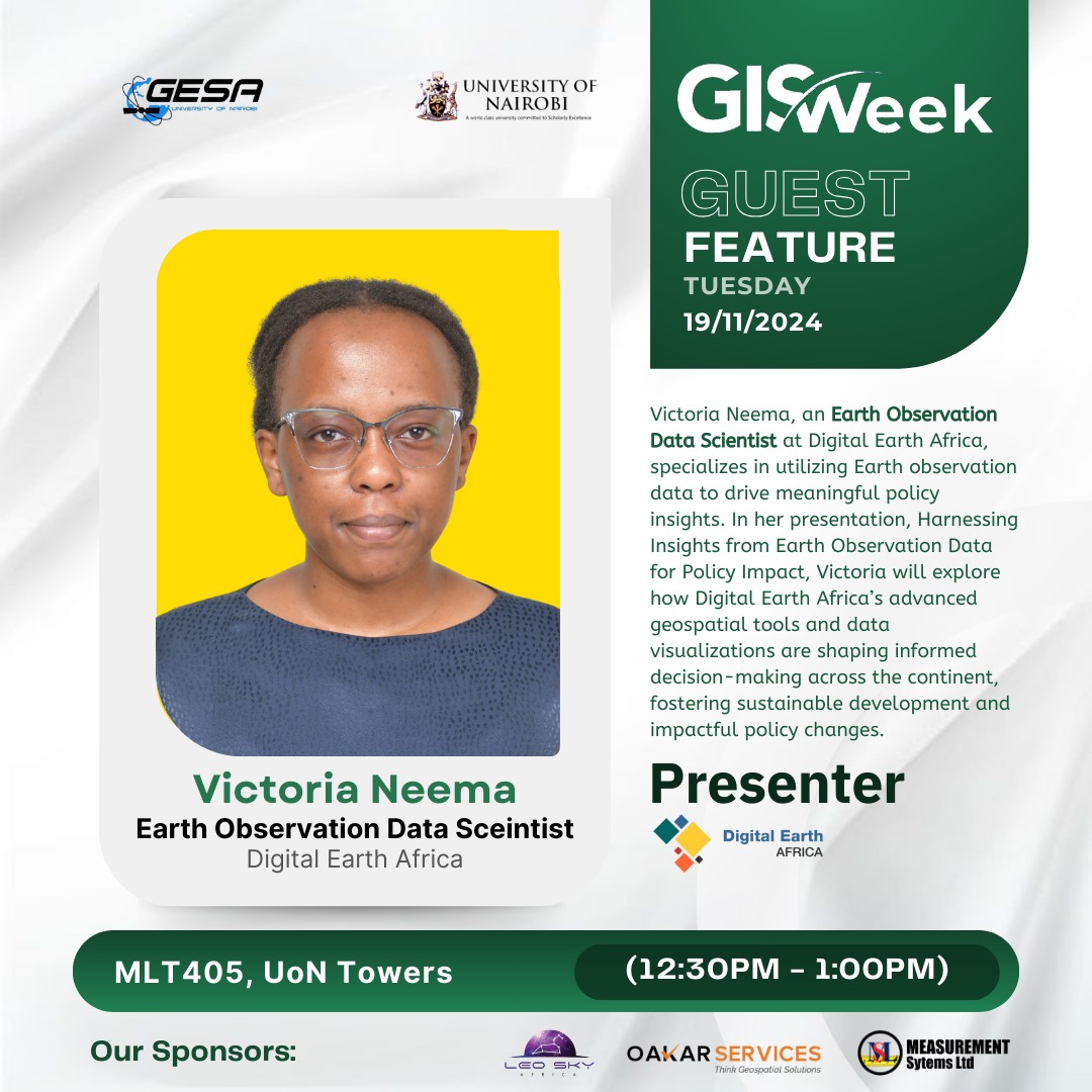 DEarthAfrica's tweet image. Victoria Neema, our EO Data Scientist at Digital Earth Africa, has been invited to present at the University of Nairobi&apos;s GIS Week. Her presentation, &quot;Harnessing Insights from Earth Observation Data for Policy Impact&quot;, will take place on 19 November.

#GISWeek #earthobservation