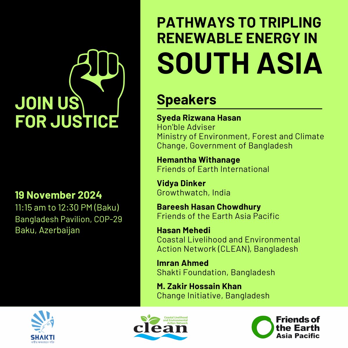 CLEAN (@cleanbd) on Twitter photo 🌍 Join us at COP-29 to explore Pathways to Tripling Renewable Energy in South Asia!
🗓️19 Nov 2024 | Bangladesh Pavilion, Baku.
#SouthAsian #COP29Azerbaijan
<a href="/CLEANBD/">CLEAN</a> <a href="/GrowthWatch/">Growthwatch</a> <a href="/FoEint/">Friends of the Earth International</a> <a href="/FoEAsiaPacific/">Friends of the Earth APAC</a> 🌍 Join us at COP-29 to explore Pathways to Tripling Renewable Energy in South Asia!
🗓️19 Nov 2024 | Bangladesh Pavilion, Baku.
#SouthAsian #COP29Azerbaijan
<a href="/CLEANBD/">CLEAN</a> <a href="/GrowthWatch/">Growthwatch</a> <a href="/FoEint/">Friends of the Earth International</a> <a href="/FoEAsiaPacific/">Friends of the Earth APAC</a>