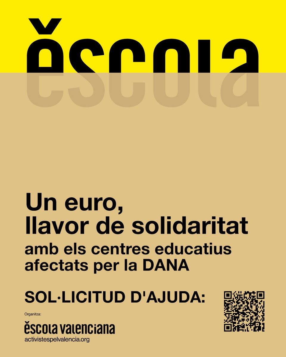 📣 Campanya “Un euro, llavor de solidaritat” amb els centres educatius afectats per la #DANA

📚 Recaptem fons per a material escolar

✏️ Escoles i famílies, comuniqueu-nos les vostres necessitats: forms.gle/HPTA3Fbcdu83be…

🙌 Tot el nostre suport i afectes!