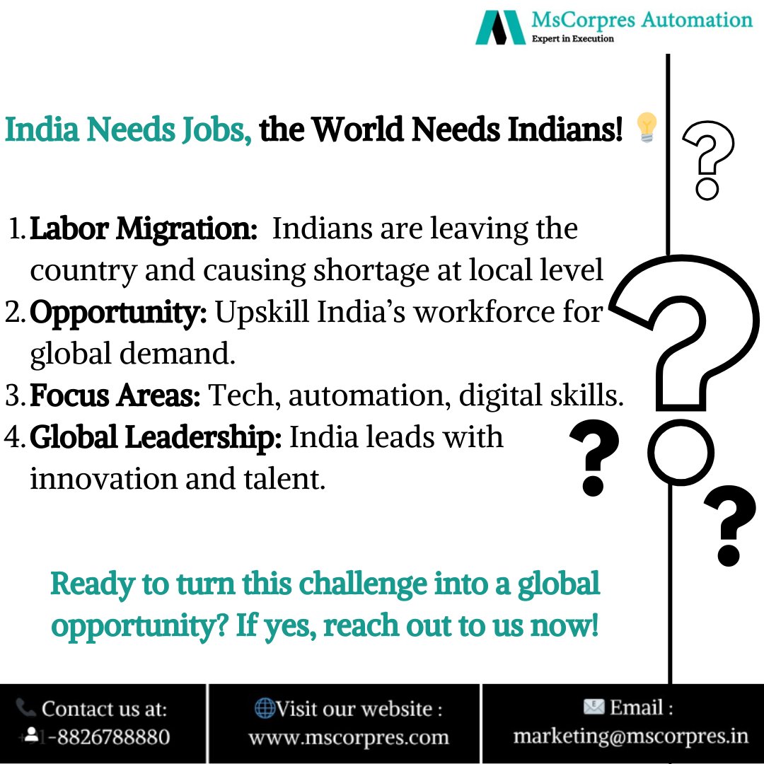 MsCorpres's tweet photo. India faces a labor shortage, but the world needs skilled Indian talent! Let’s upskill our workforce in tech, automation, and digital skills to lead globally. Ready to turn this challenge into an opportunity? Reach out today!
📞 +91 8826788880 📧 marketing@mscorpres.in https://t.co/hmv5T4G74V