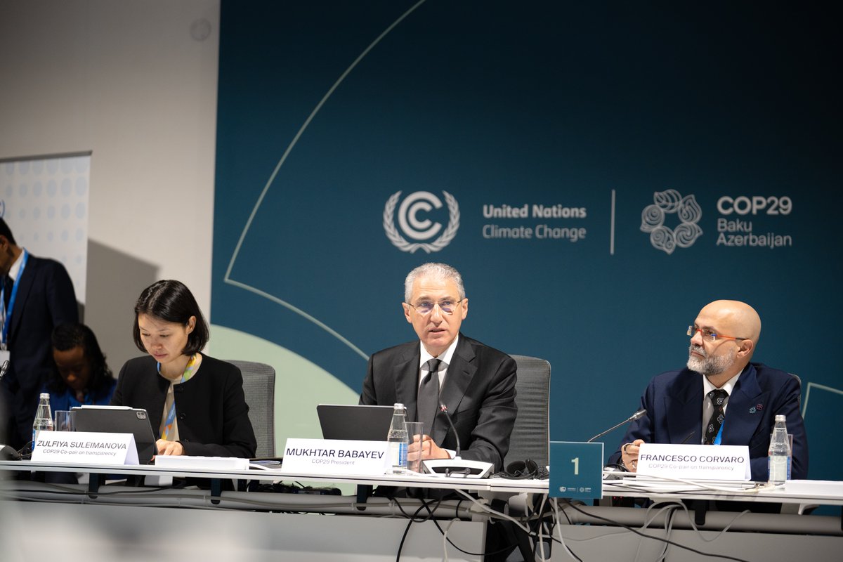 COP29_AZ's tweet photo. At today’s Ministerial Roundtable on Global Climate Transparency hosted by the #COP29 Presidency, the Republic of Azerbaijan announced the launch of the Baku Declaration on Global Climate Transparency. This declaration focuses on enhancing transparency, fostering international cooperation, and raising ambition through both individual and collective efforts. It marks an essential step towards achieving our climate goals and building a sustainable future for all. 

#COP29 #COP29Azerbaijan #ClimateAction