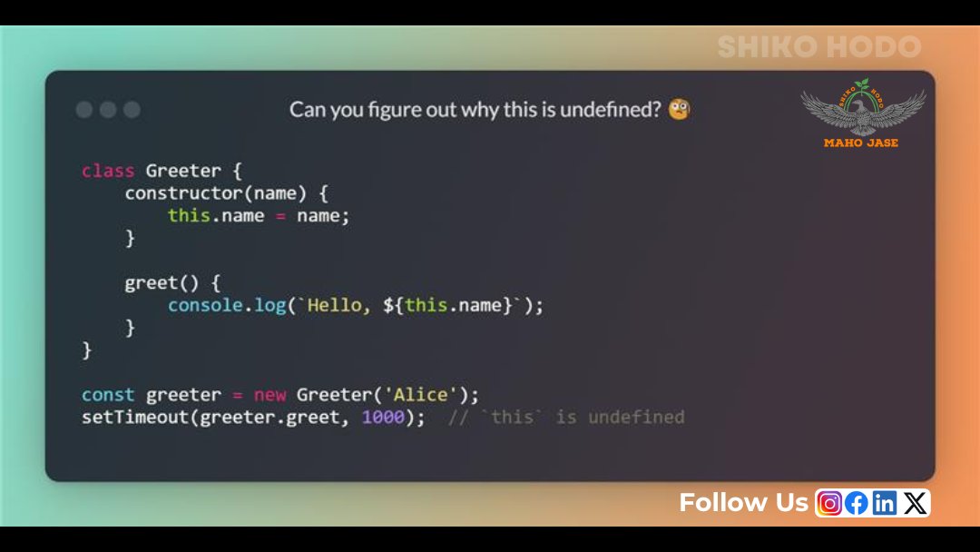 mahojase's tweet photo. 🤔 Why Is this Undefined Here?
.
.
.
#javascriptchallenge #nodejs #codingchallenge #Debugging #scopeissues #javascripttips #variablescope #codeerrors #backenddevelopment #CodeDebugging #TechTroubleshooting #DevTips https://t.co/hQQx80Z8IK