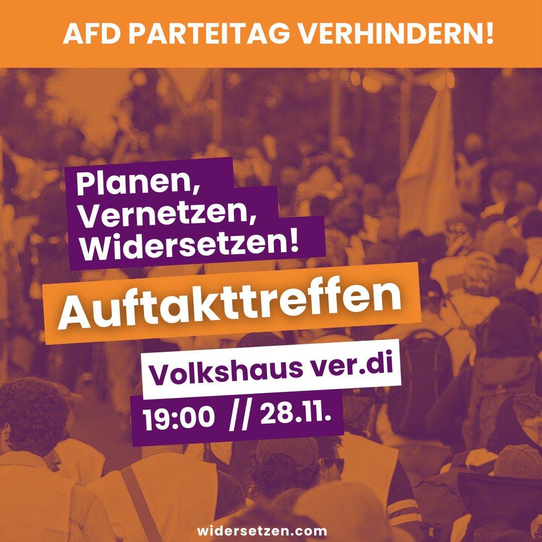 🛑 Save the Date: #Widersetzen Leipzig lokales Auftakttreffen am 28.11. // 19 Uhr! 🛑11./12. Januar AfD-Bundesparteitag in Riesa 🛑
Wichtige Info: Die AfD hat ihren Bundesparteitag vorgezogen und will sich schon am 11. &amp; 12. Januar 2025 im sächsischen Riesa treffen 😡