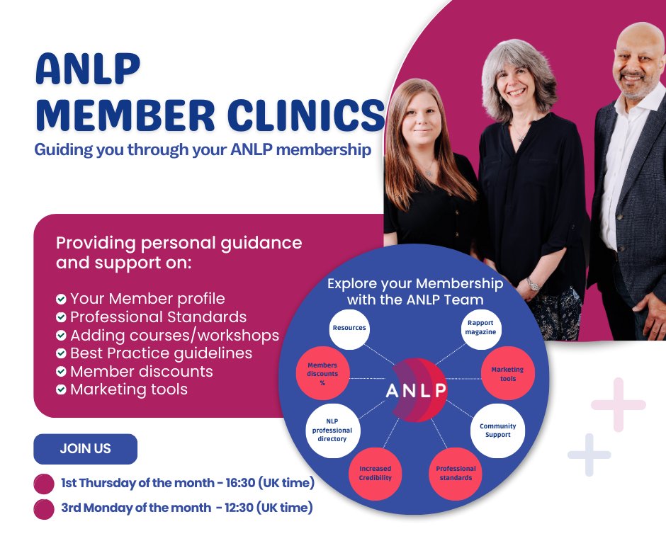 On Today - Join us at 12:30 (GMT)

The ANLP Member clinics have been set up to offer you even more opportunities to explore your ANLP membership directly with the ANLP Team!

Join us!
anlp.org/knowledge-base…

#anlp #meettheteam #membersupport
