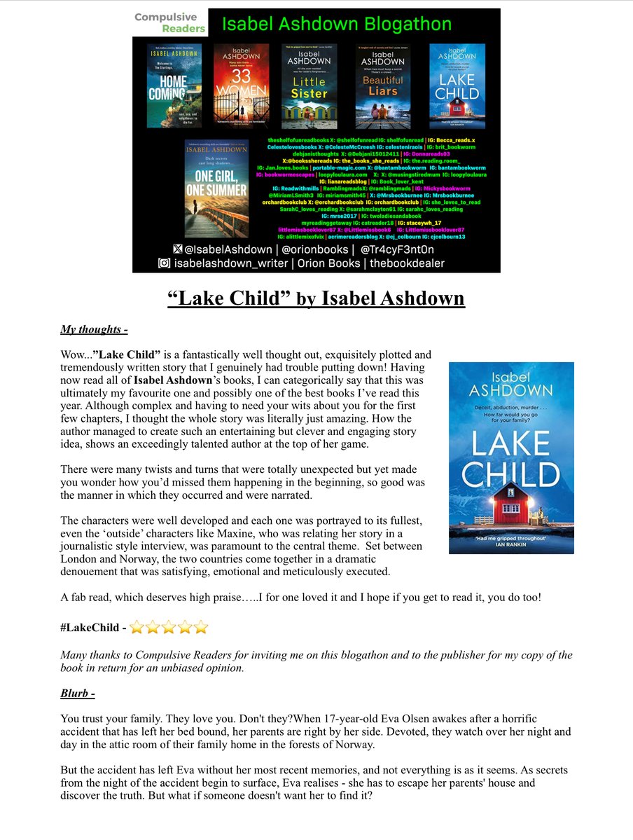 MiriamLSmith3's tweet photo. It’s been an absolute pleasure to be a part of Isabel Ashdown‘s blogathon & to also share my thoughts today on #LakeChild for @Tr4cyF3nt0n & @orionbooks
#AMothersMusingsSunderland #AMakemMothersMusings #FiveStarRead #CompulsiveReaders https://t.co/M8Qu3YgBRt