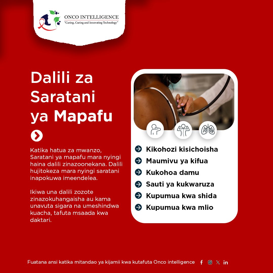 oncointelligenc's tweet photo. Dalili za #saratani ya #mapafu mara nyingi hazionekani katika hatua za mwanzo za ugonjwa bali huanza kujitokeza kadiri ugonjwa unavyoendelea. 

🫁 Ikiwa dalili hizi ni endelevu ni vema kuonana na daktari ili kupata msaada wa kitaalamu

Uchunguzi wa mapema ni muhimu zaidi 🔴 https://t.co/PHUk2SRBI8