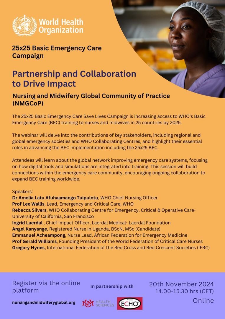 🌍 Join the 25x25 BEC Save Lives Campaign webinar! 🚑✨

📅 20 Nov 2024
🔗 Register here shorturl.at/J7d2H
Learn how partnerships &amp; digital tools are advancing emergency care in 25 countries by 2025. Let's save lives together!

#BEC #EmergencyCare #25x25Campaign #WHO