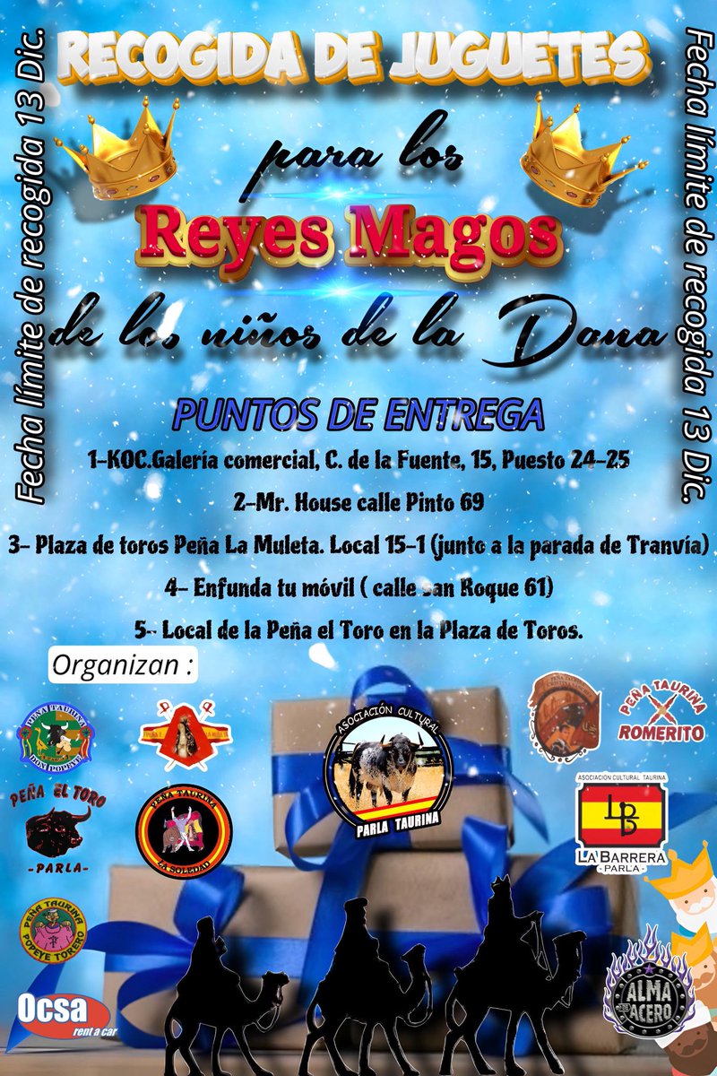 ¡Únete a nosotros en una causa maravillosa! 

Las Peñas Taurinas y la Asociación Cultural Taurina de Parla, en colaboración con la Asociación Alma de Acero de Gandía (Valencia) te invitamos a participar en una recogida solidaria de juguetes.