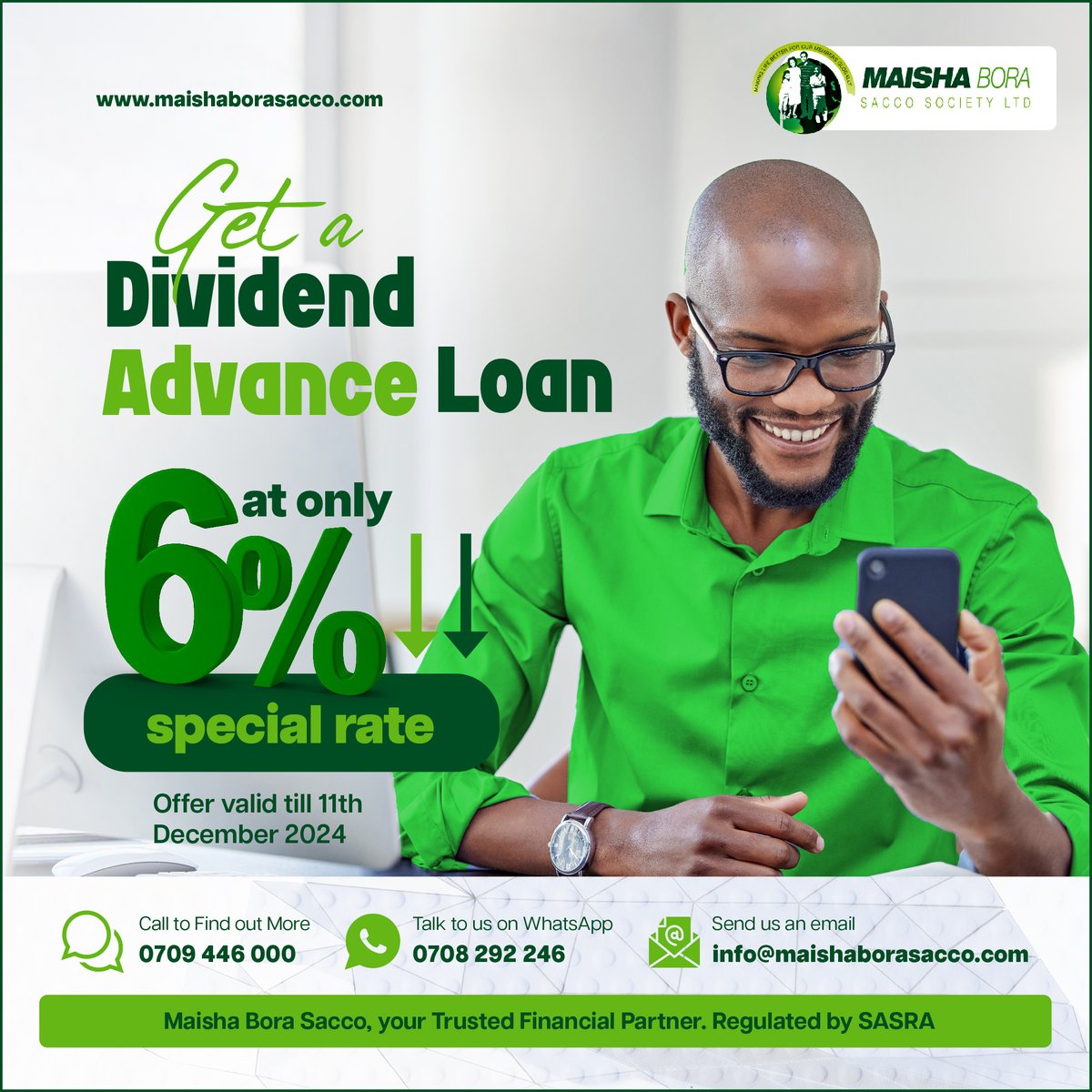 maishabora_ke's tweet image. Unlock financial freedom with our Dividend Advance Loan at just 6%! 💸 Offer ends Dec 11, 2024—don’t miss out! 🎉 Dial *470# to apply now.

#MaishaBoraSACCO #SmartLoans #DividendAdvance